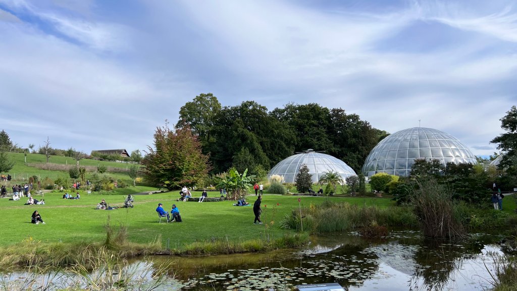 Two white domed indoor garden surrounded by lush green trees, a lake, and a grassy space with people sitting on a sunny day. 