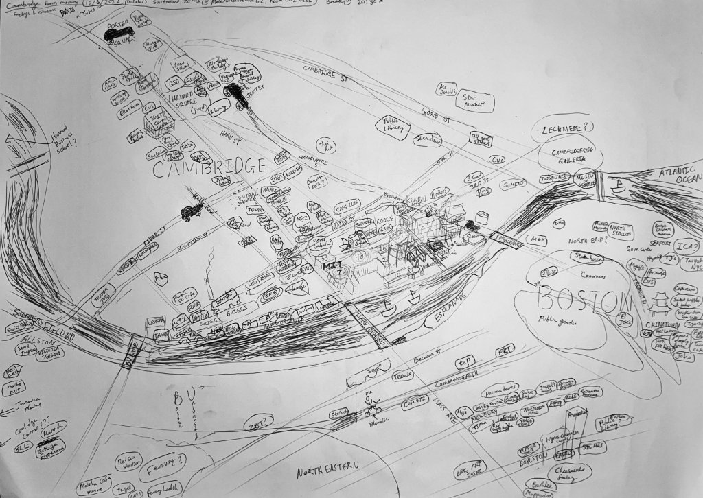 A rough sketch in black ink of the map of Cambridge, Massachusetts and its surrounding areas of Boston and Allston area.